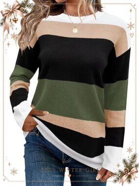Womens Casual Color Block Tunic Long Sleeve Loose Fit Knit Sweater